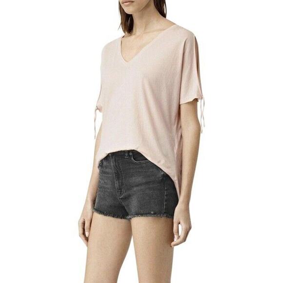ALLSAINTS NEW $98 Tie Slit Sleeve Relaxed V-Neck Kay Tee Blush XS - Picture 1 of 3